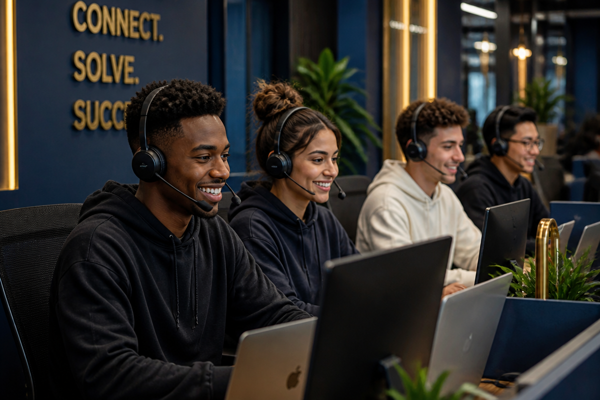 Unga medarbetare i telemarketing som pratar i headset framför datorer
